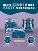 Three school backpacks and a pencil case are displayed against a gradient background. Text overlays highlight product features. Produktbild-Vorschau