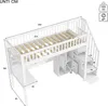 A diagram showing the dimensions of a white bunk bed with a desk and shelves. Anteprima dell’immagine prodotto