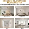 Collage showing a modern LED ceiling lamp installed in different rooms of a house: living room, bedroom, hallway, and office. Produktbild-Vorschau
