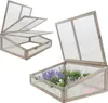 Two wooden cold frames, one open with multiple lids and the other filled with plants. Produktbild-Vorschau