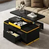 A modern coffee table with integrated storage and stools, shown in a living room setting. Voir les images du produit
