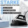 A steam ironing station is shown next to a stack of folded shirts, with marketing text highlighting its features. Produktbild-Vorschau