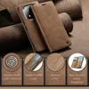 A brown leather flip phone case for a Xiaomi Redmi Note 14 Pro 5G, displayed on a textured brown background, with close-up insets showcasing features. Produktbild-Vorschau