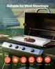 A flat stainless steel grill plate with a steak on it, placed on a gas grill outdoors. Produktbild-Vorschau