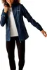 A woman wearing a blue jacket and black leggings, posing against a white background. Produktbild-Vorschau