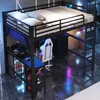 A gaming loft bed with a desk and shelves underneath, set up in a room with ambient lighting. Anteprima dell’immagine prodotto