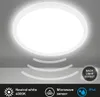 A circular LED ceiling light with a microwave sensor, shown on a ceiling with radiating waves indicating the sensor's range. Produktbild-Vorschau