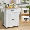 A white kitchen cart with a wooden top is shown in a kitchen setting, with inset images highlighting its wheels. Podgląd zdjęcia produktu