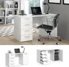 A white desk with drawers and a chair in a modern office setting. Produktbild-Vorschau