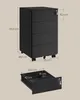 A black filing cabinet with dimensions is shown in two views, top and side, with a single drawer pulled out to show its internal dimensions. Náhled obrázku produktu