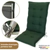 A dark green high-back chair cushion is shown against a white background. Inset images highlight how the cushion attaches to a chair frame. Produktbild-Vorschau