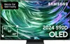 A Samsung OLED TV with a colorful abstract image displayed on the screen, along with marketing text and size indicators. Produktbild-Vorschau