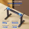 A close-up marketing image of a black electric standing desk frame with blue illuminated motors, showcasing its features and specifications. Produktbild-Vorschau