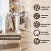 A white drying rack with clothes hanging on it, set against a bright window and a neutral background. Marketing icons and text are on the right side. Anteprima dell’immagine prodotto