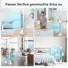 A collage showing a white tower fan in different home and office settings. Produktbild-Vorschau