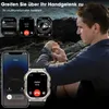 A man is looking at his smartwatch while holding a smartphone, with images of smartwatch features displayed above. Produktbild-Vorschau