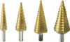 Four gold-colored step drill bits of varying sizes are arranged in a row against a white background. Náhľad obrázku produktu