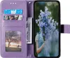 A purple flip case for a Samsung Galaxy S23 phone, open to reveal the phone screen displaying a picture of a person holding blue flowers, and slots for cards and cash. Produktbild-Vorschau
