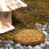 A bird feeder filled with birdseed and a bird standing next to it, with a birdhouse in the background. Produktbild-Vorschau