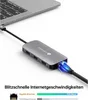 A USB-C hub connected to a laptop, with an Ethernet cable plugged into the hub. Produktbild-Vorschau