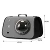 A grey pet carrier with a clear bubble window and dimensions indicated. Produktbild-Vorschau