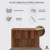 A marketing image showcasing a dark brown vanity cabinet with gold handles, highlighting its features with icons and text. Produktbild-Vorschau