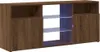 A long, low TV stand with a wood-grain finish and glass shelves illuminated by LED lights. Anteprima dell’immagine prodotto
