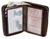 An open brown leather wallet showing various cards and euro banknotes. Produktbild-Vorschau