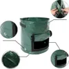 A green fabric grow bag for planting potatoes and other vegetables, shown with close-up details of its features. Náhled obrázku produktu