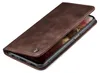 A brown leather flip case for a smartphone is shown from a diagonal angle. Produktbild-Vorschau