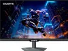 A gaming monitor displaying a dynamic image of a character leaping through a futuristic city. Produktbild-Vorschau