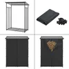 A collage of images showing a black metal firewood rack, a black cover for the rack, and the rack filled with firewood. Produktbild-Vorschau