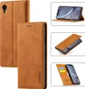 Collage of images showing a brown leather flip phone case from different angles, including its stand function and card slots. Produktbild-Vorschau