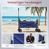 A blue foldable wagon on a beach with the ocean and palm trees in the background, with inset images showing features. Produktbild-Vorschau