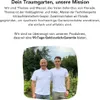 Two men standing in a garden setting, with text above describing their company and mission. Produktbild-Vorschau