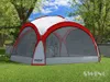 A red and white event pavilion with mesh walls is set up on a green lawn with trees and a blue sky in the background. Produktbild-Vorschau