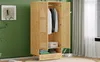 A light brown rattan wardrobe with doors open, showing clothes hanging inside and items on shelves. Produktbild-Vorschau