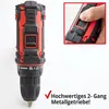 A close-up of a red and black cordless drill with a hand pressing a button on the side, and a text overlay highlighting a feature. Produktbild-Vorschau