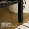 Close-up of the adjustable foot of a black metal furniture piece, resting on a wooden floor next to a white bucket and a rug. Text overlays describe the feature. Anteprima dell’immagine prodotto