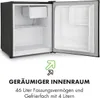 A mini-refrigerator with its door open, showing the interior and a graphic with text describing its features. Produktbild-Vorschau