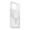 A clear, transparent phone case with a magnetic ring for MagSafe charging is shown against a white background. Voir les images du produit