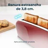 A close-up of a red toaster with two slices of toast inside, next to a wooden board with cookies. Text overlays highlight features. Produktbild-Vorschau