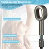 A woman showering with a shower head highlighted with feature callouts. Produktbild-Vorschau