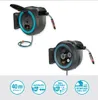 Two views of a wall-mounted hose reel box, with icons below detailing features. Voir les images du produit