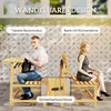 A man and a woman are sitting on a wooden garden bench that can be converted into a table. The image highlights the product's features and design. Produktbild-Vorschau
