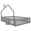 A grey wooden bed frame with a house-shaped canopy and a fence-like railing. Voir les images du produit