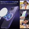 Collage showing a purple phone case with MagSafe compatibility, demonstrating its use with a charger and a car mount. Náhled obrázku produktu