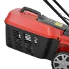 A close-up view of the top and side of a red and black electric lawnmower, focusing on the grass collection basket and handle. Produktbild-Vorschau