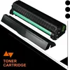 A toner cartridge and its cover are shown on a black and white background with orange graphic elements and text. Produktbild-Vorschau
