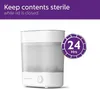 A Philips Avent sterilizer is shown with a graphic indicating 24 hours of sterility. Produktbild-Vorschau